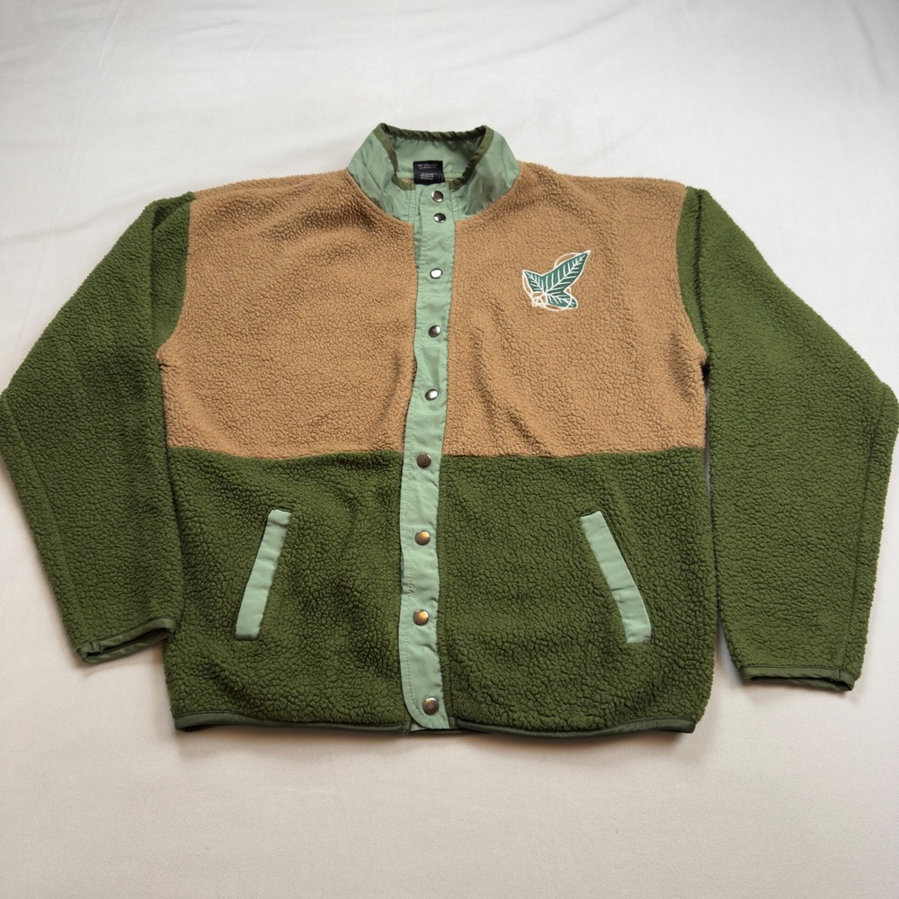 Lord of the Rings Middle-earth Sherpa Fleece Jacket Mens MD Green Tan Snap Front